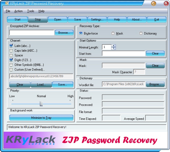 KRyLack ZIP Password Recovery screen shot